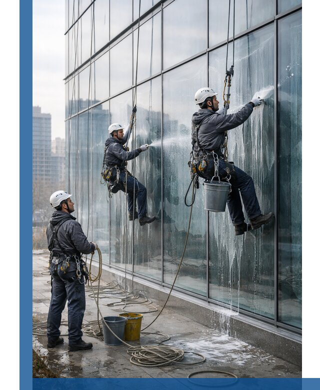 Промышленная мойка панорамных окон на высоте в Грозном