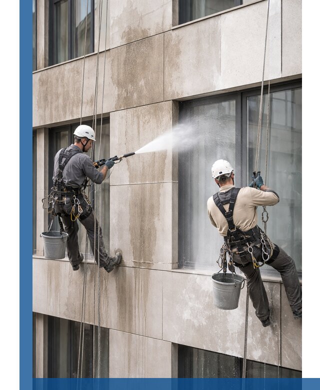 Послестроительная мойка фасада промышленным альпинизмом в Грозном