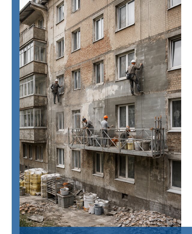 Капитальный ремонт фасада в Грозном с восстановлением и гидроизоляцией