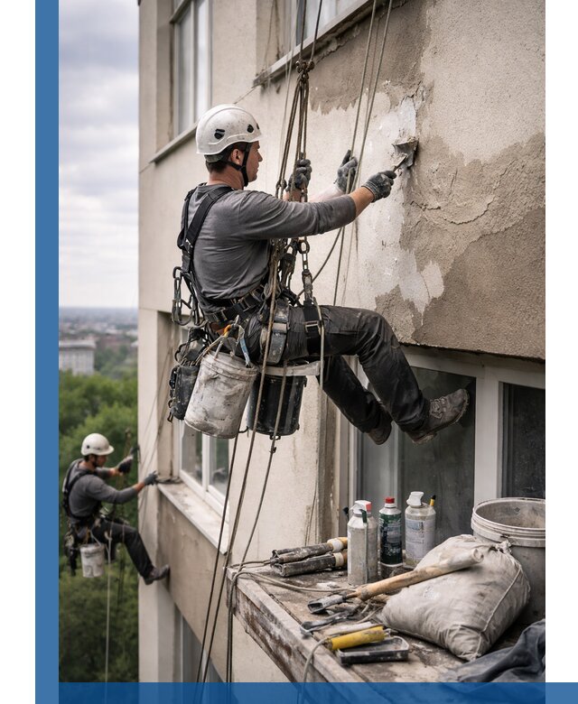 Косметический ремонт фасада зданий в Грозном промышленными альпинистами