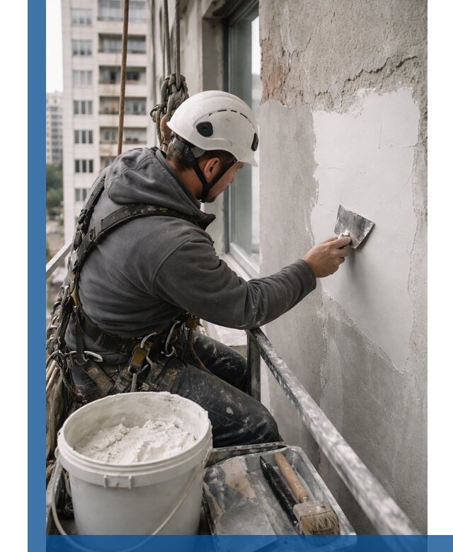 Шпаклевка фасадов на высоте с промальпинистами в Грозном