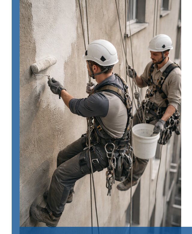 Грунтовка фасада на высоте в Грозном промышленными альпинистами