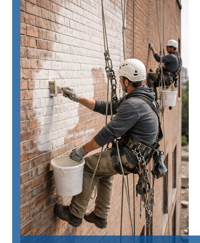 Покраска кирпичного фасада с доступным альпинистским сервисом в Грозном