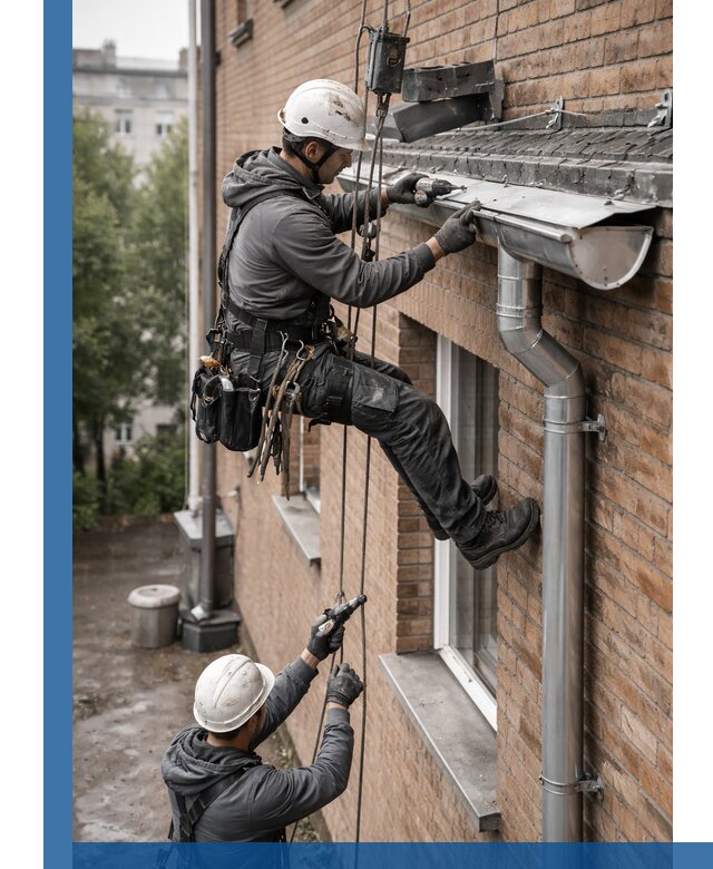 Монтаж водосточной системы на здании в Грозном под ключ