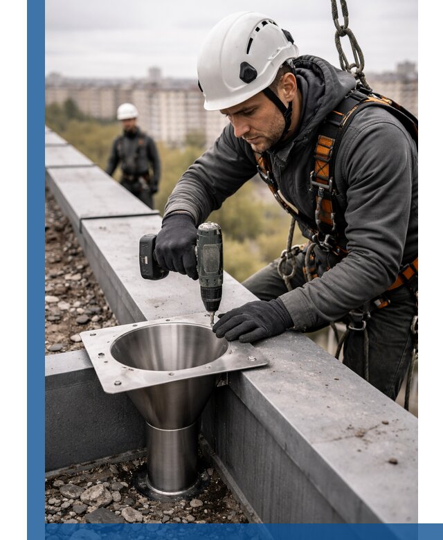 Монтаж водосточных воронок в Грозном для промышленных зданий