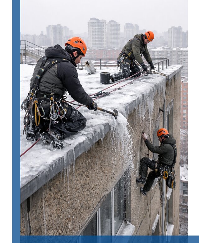 Удаление наледи с кровли в Грозном промышленными альпинистами