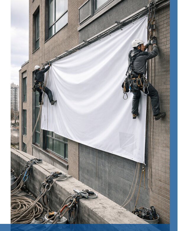 Монтаж баннеров на фасаде в Грозном от 667 р. заказать ВЫСОТНИК-Грз