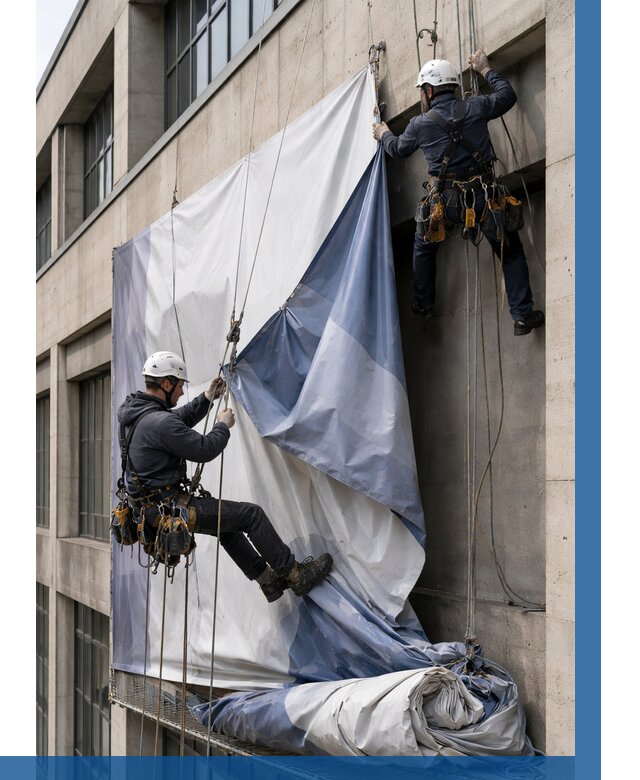 Демонтаж баннеров с фасада в Грозном от 4617 р. | ВЫСОТНИК-Грз