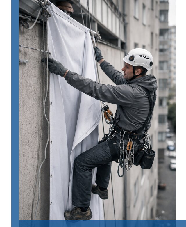 Замена баннерного полотна промышленными альпинистами в Грозном