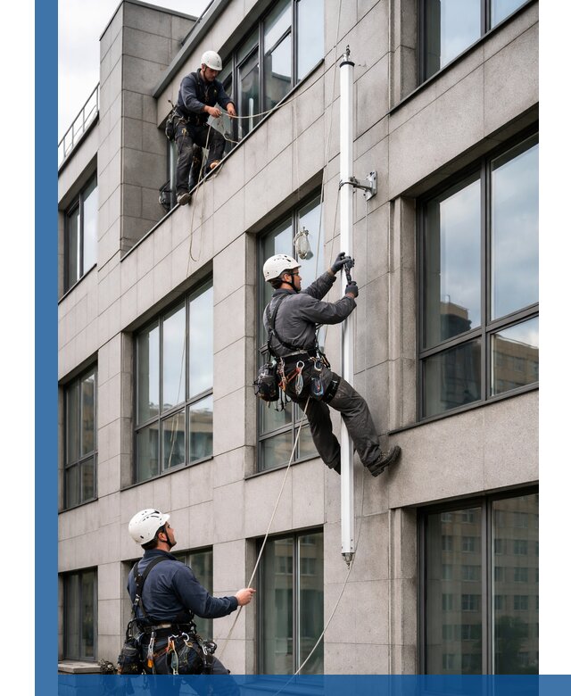 Монтаж флагштока на фасаде здания с креплением и герметикой в Грозном