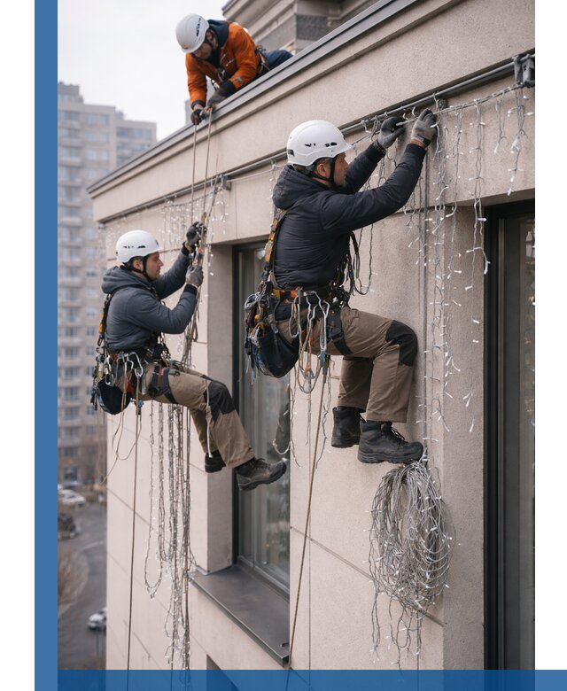 Монтаж праздничных гирлянд на фасаде в Грозном для зданий