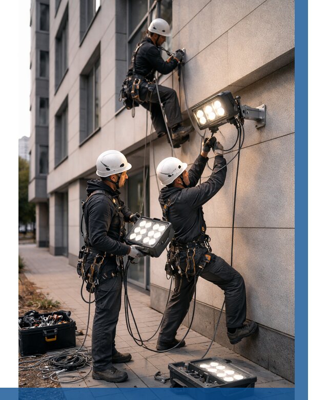 Монтаж прожекторов на фасаде в Грозном от 7696 р. | ВЫСОТНИК-Грз