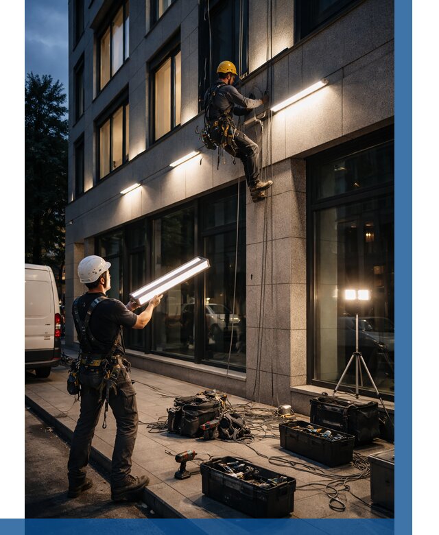 Монтаж архитектурной подсветки здания в Грозном от 2565 р.|ВЫСОТНИК-Грз