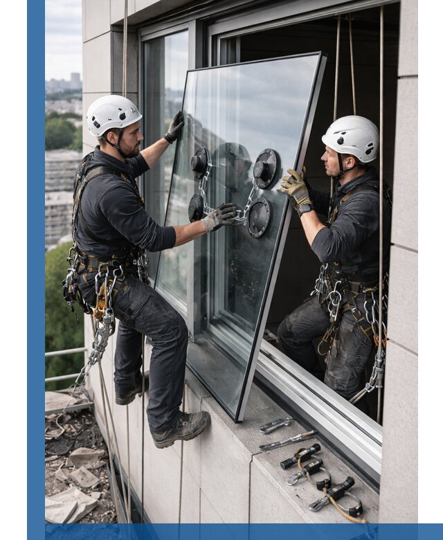 Замена стеклопакетов на высоте с промышленными альпинистами в Грозном