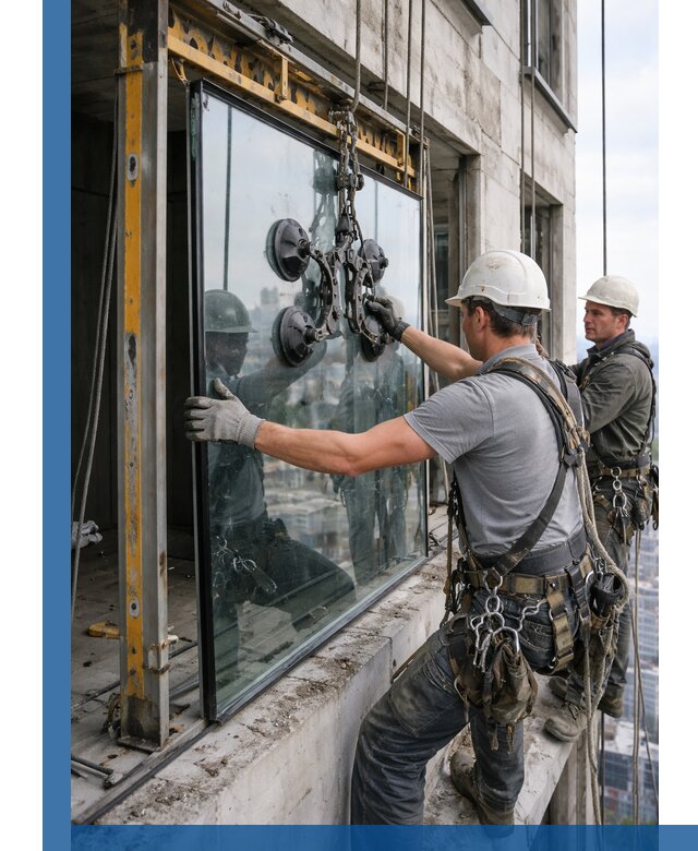 Монтаж стеклопакетов на высоте в Грозном с промышленным альпинизмом