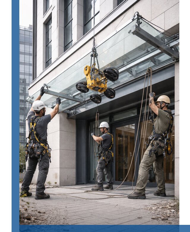 Монтаж стеклянных козырьков под ключ в Грозном для зданий