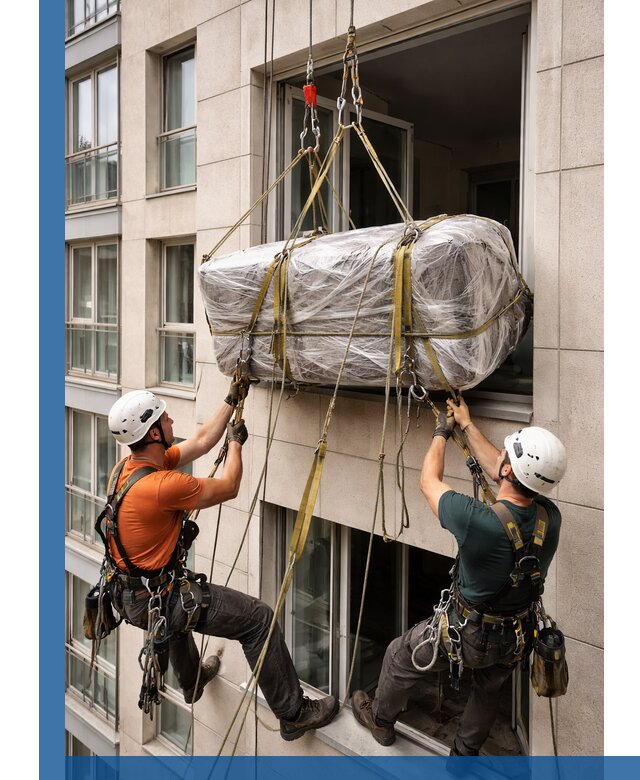 Подъем грузов через окно в Грозном промышленными альпинистами