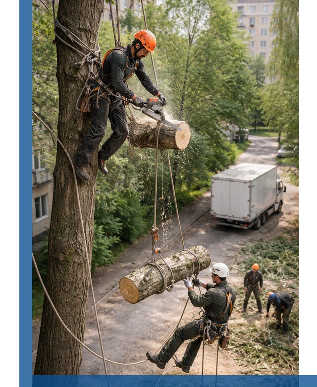 Спил деревьев альпинистами в Грозном, безопасно и без повреждений