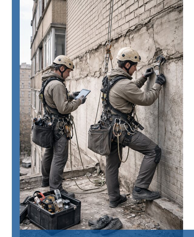 Обследование фасада промышленными альпинистами в Грозном